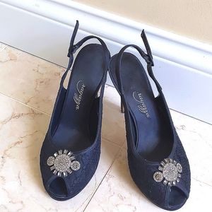 Ragazza Embellished Black Lace Open Toe Stiletto Heels